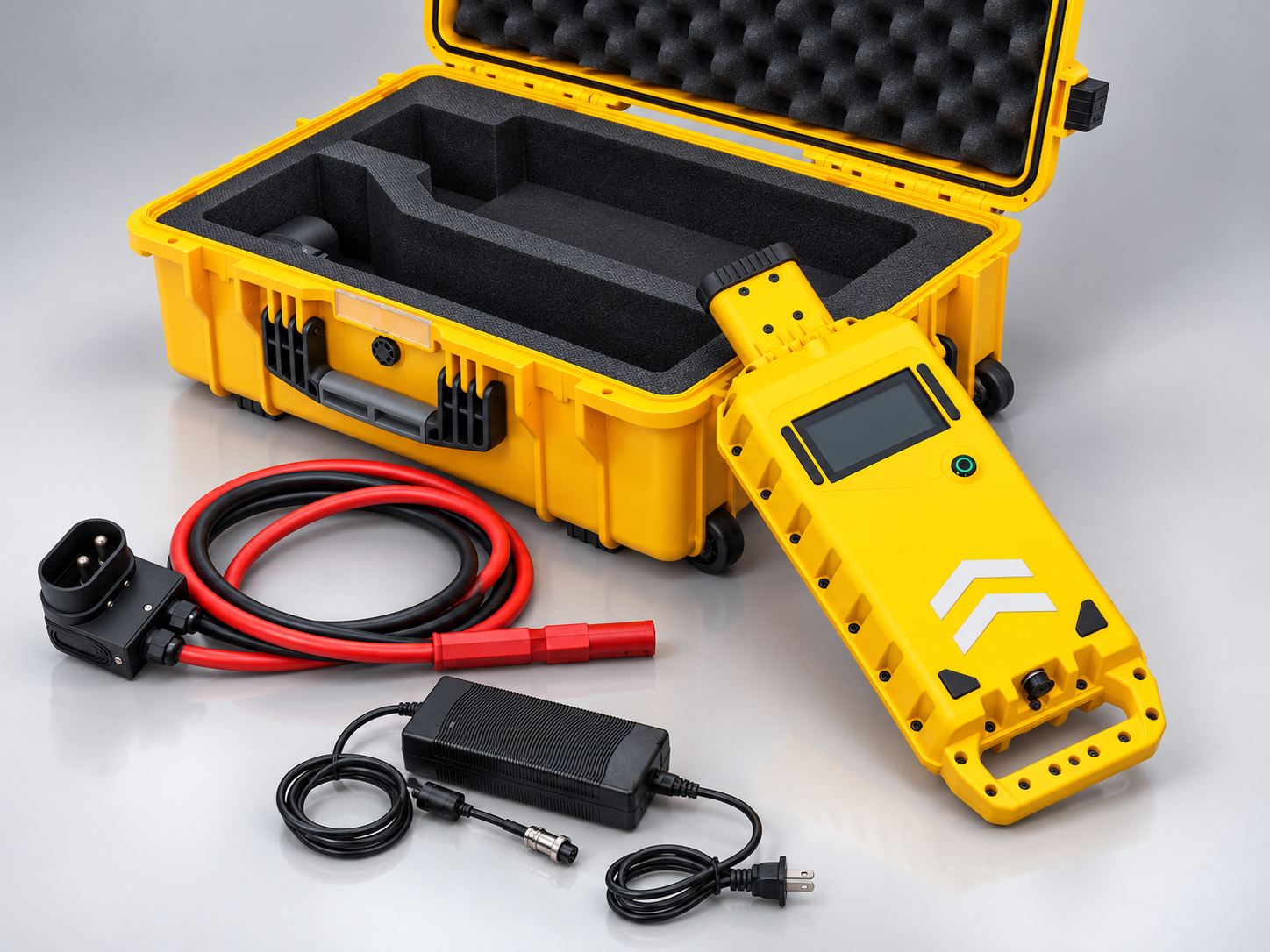 Aero-Jolt portable starting unit with its open carrying case, connector cables and charger