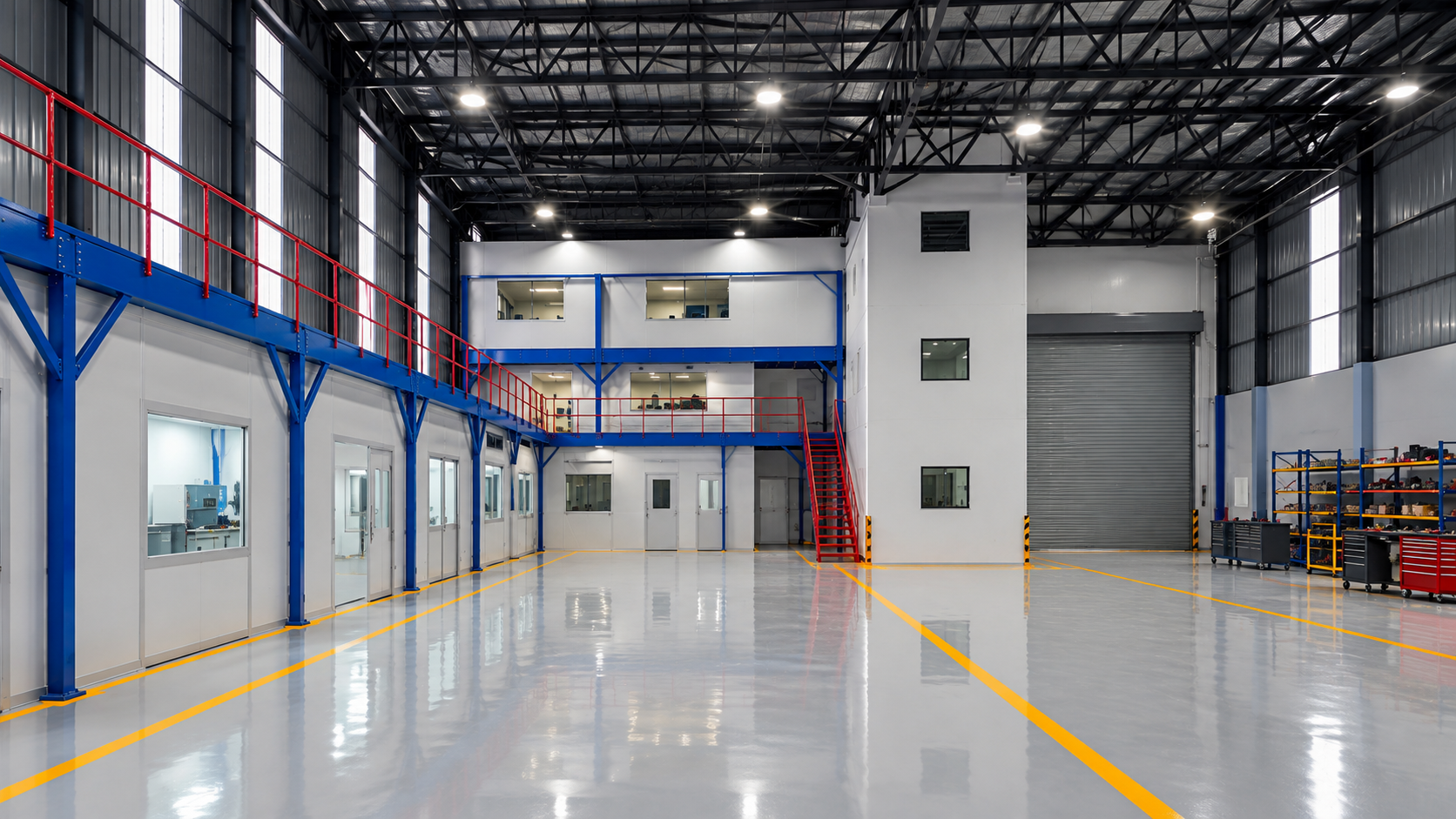 Wide industrial workshop interior with assembly rooms, a mezzanine walkway, and red safety railings